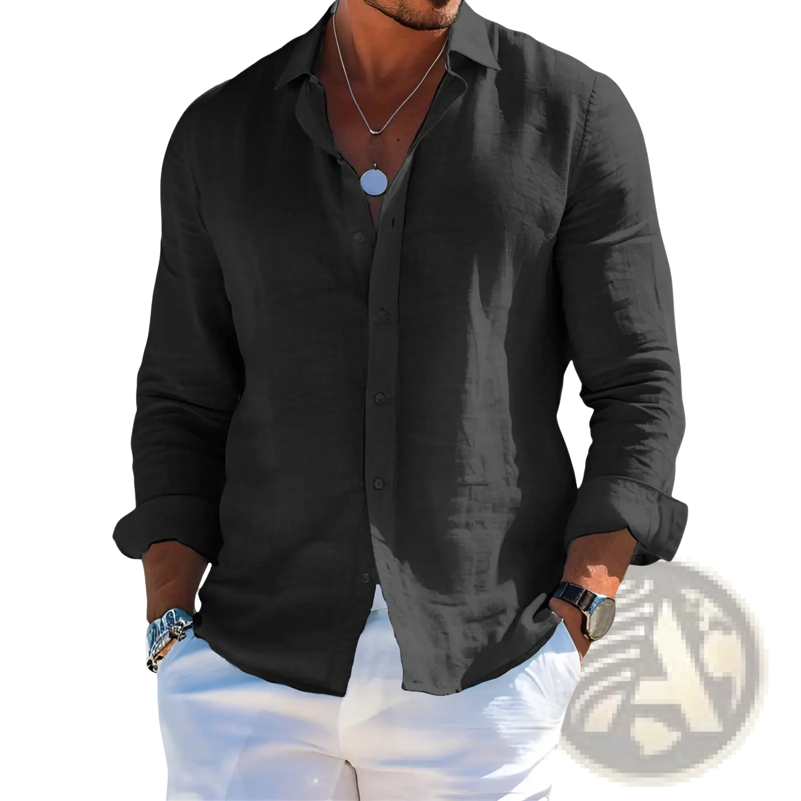 Black long-sleeved linen button-down shirt with rolled cuffs for men casual short sleeve cotton button down shirt collection