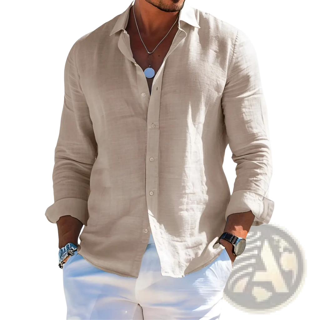 Beige linen button-down shirt with rolled-up sleeves and subtle textured weave for men casual short sleeve cotton style