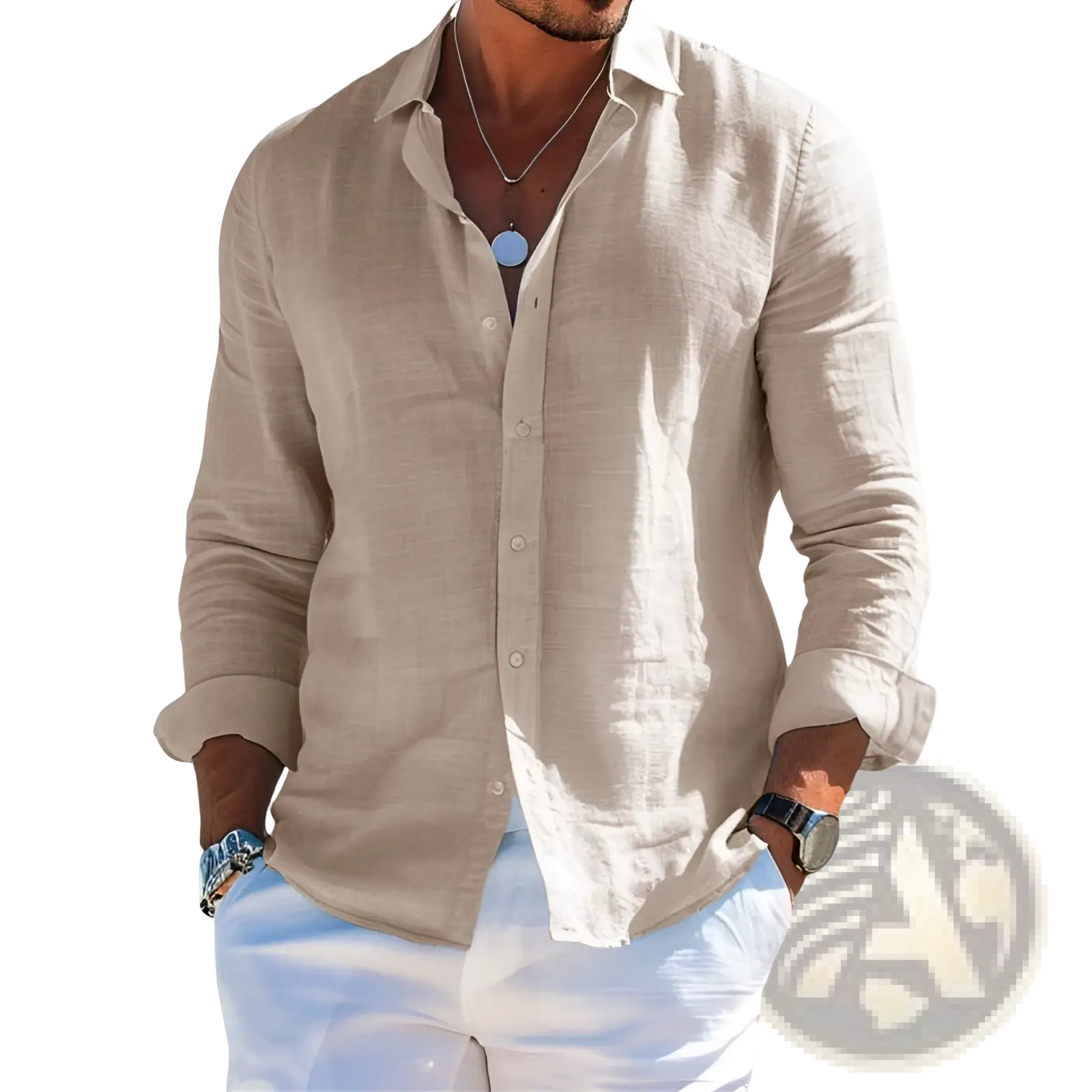 Beige linen button-down shirt with rolled-up sleeves and subtle textured weave for men casual short sleeve cotton style