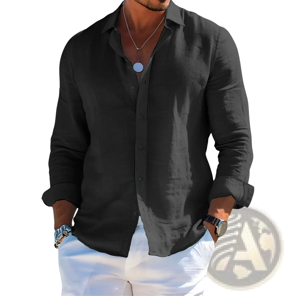Black long-sleeved linen button-down shirt with rolled cuffs suitable for casual wear