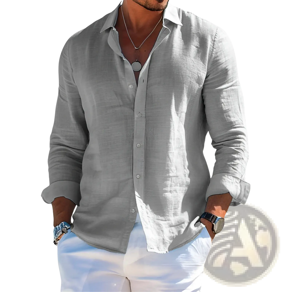 Men casual short sleeve cotton button down shirt in light gray with a subtle textured weave