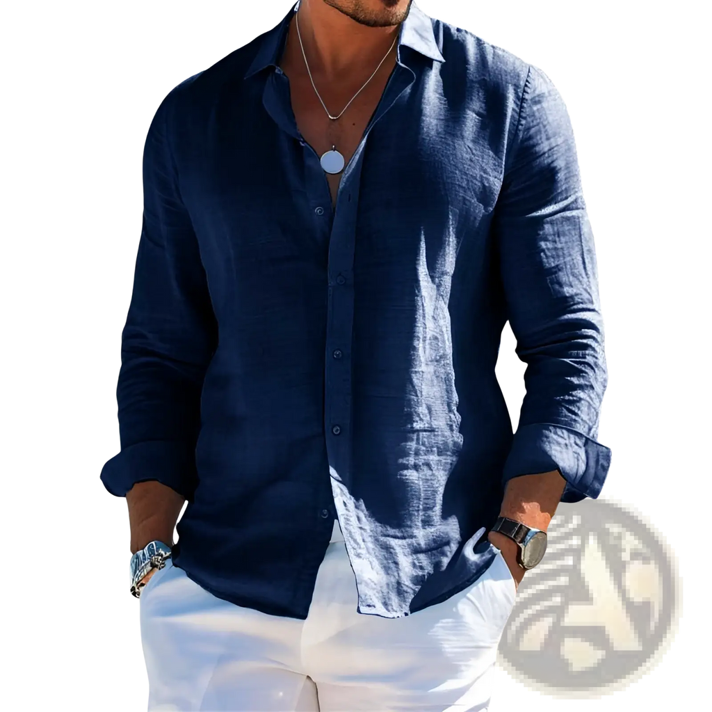 Men casual cotton button down shirt in navy blue with long sleeves relaxed fit and rolled cuffs