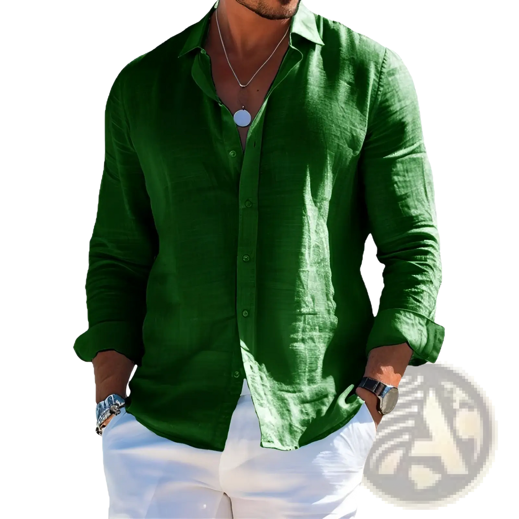 A rich green long-sleeved textured linen shirt for men casual cotton button down use