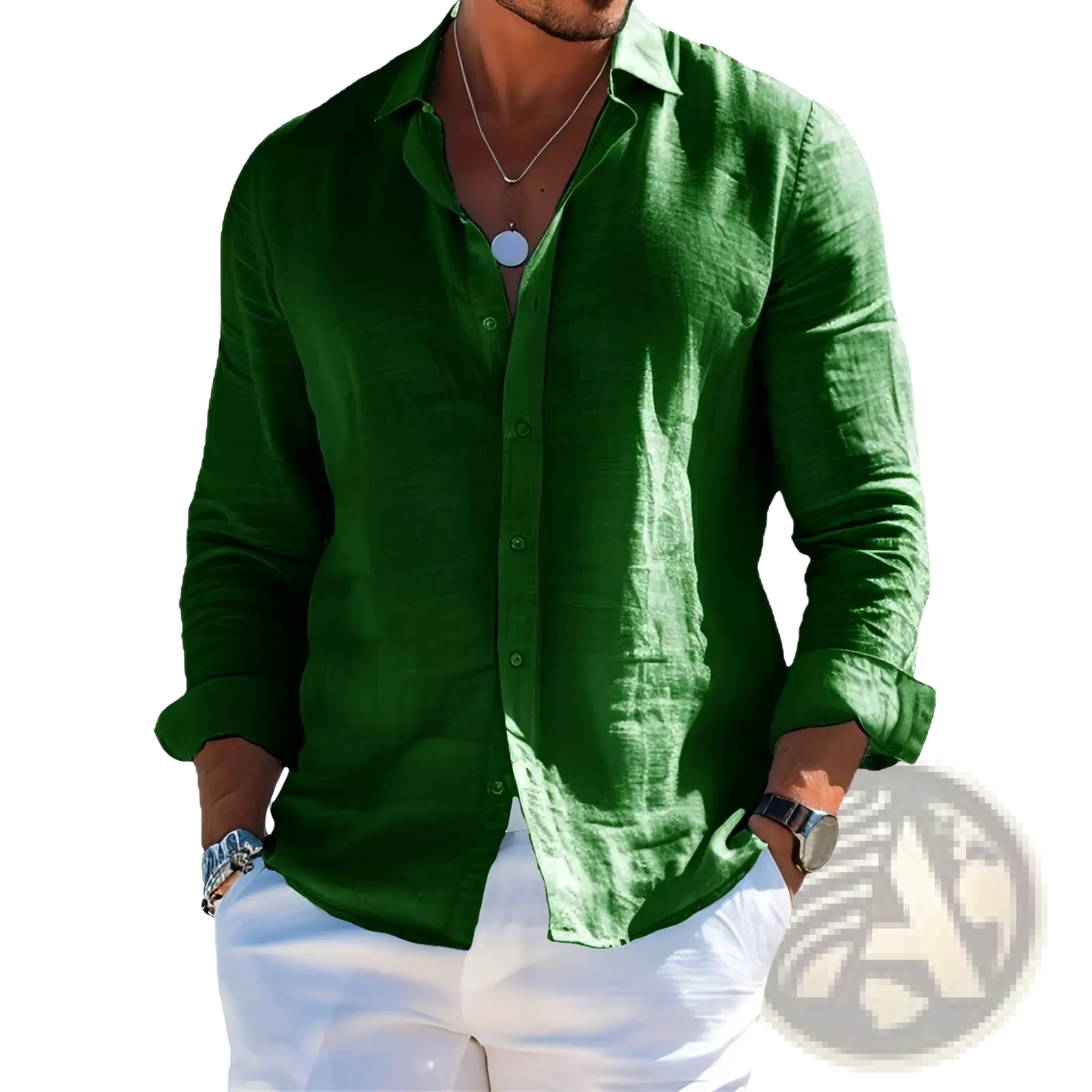 A rich green long-sleeved textured linen shirt for men casual cotton button down use
