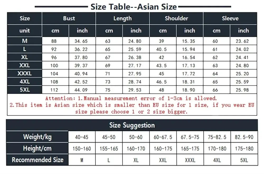 Asian size clothing measurement chart for men casual slim fit blazer jacket showing bust length shoulder sleeve in cm and inch for m to 5xl