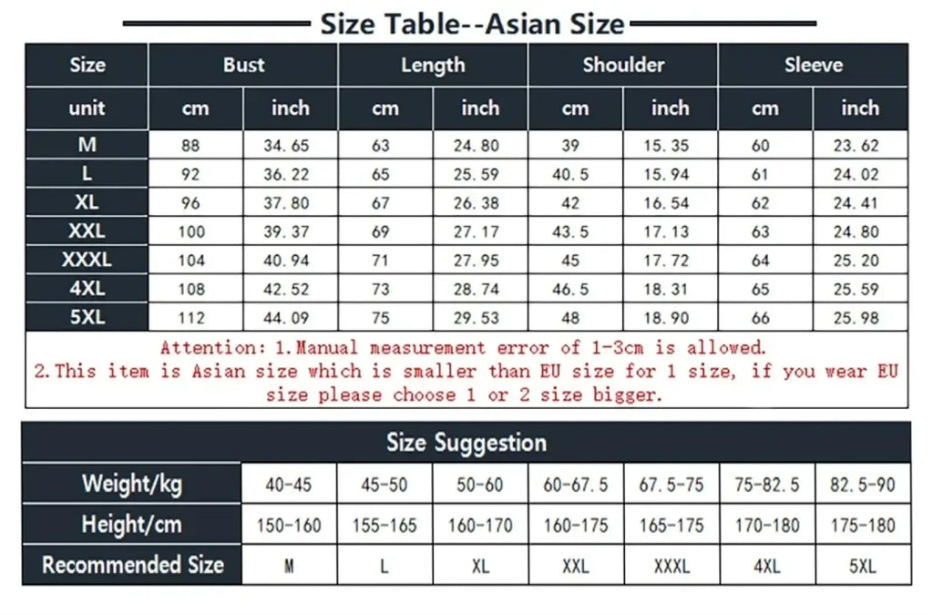 Asian size clothing measurement chart for men casual slim fit blazer jacket showing bust length shoulder sleeve in cm and inch for m to 5xl