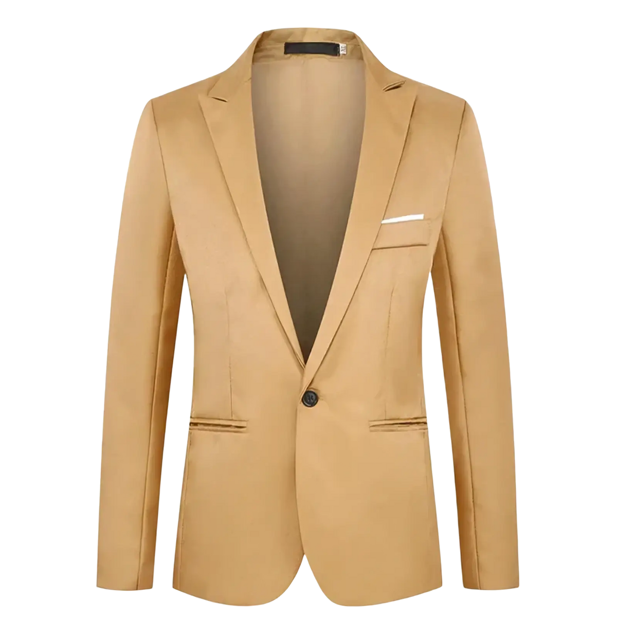 Beige men casual slim fit blazer jacket with single-breasted button closure, notched lapel, and two flap pockets