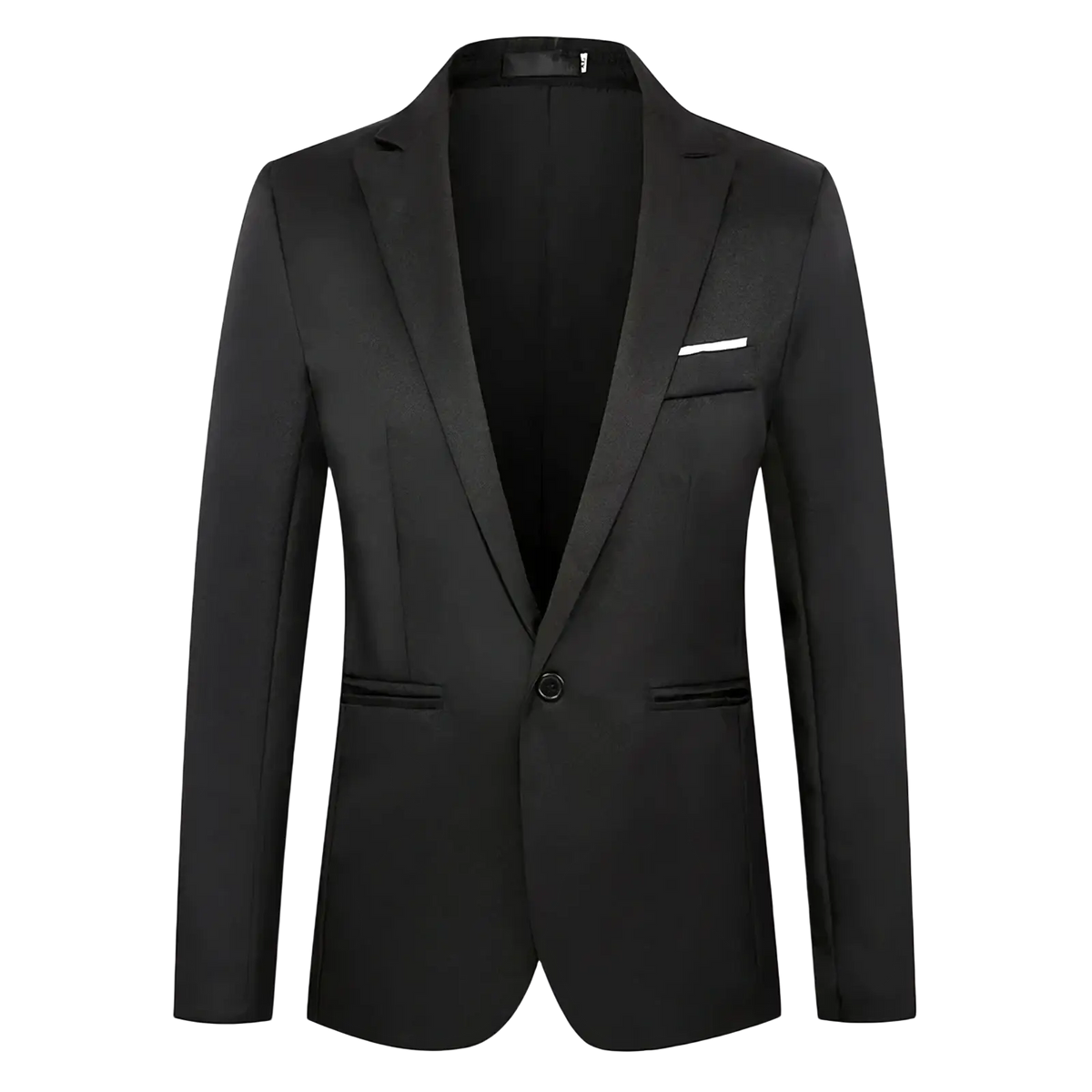 Men casual slim fit black tailored blazer jacket with single button closure and subtle white pocket square