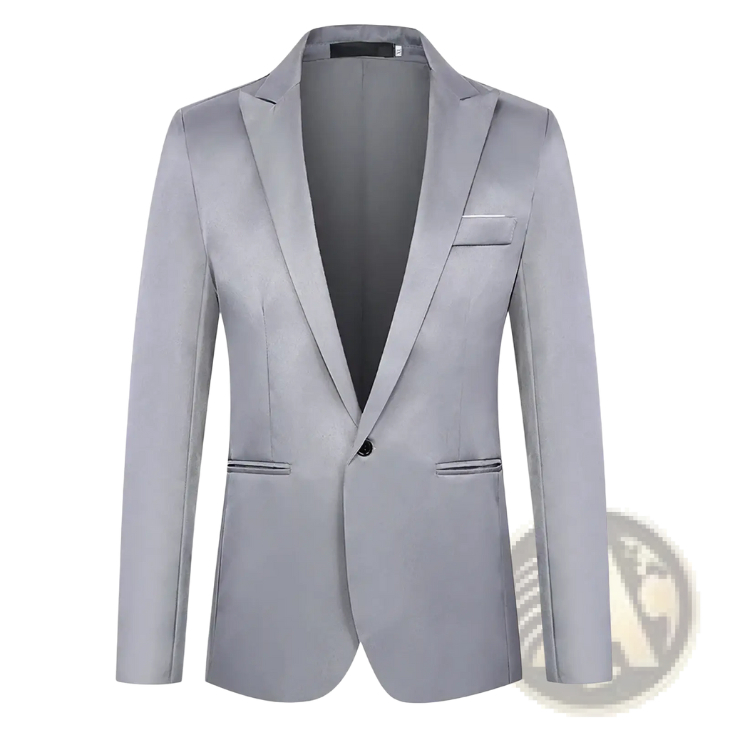 Men casual slim fit blazer jacket in light gray with a single black button and subtle contrast pocket stitching