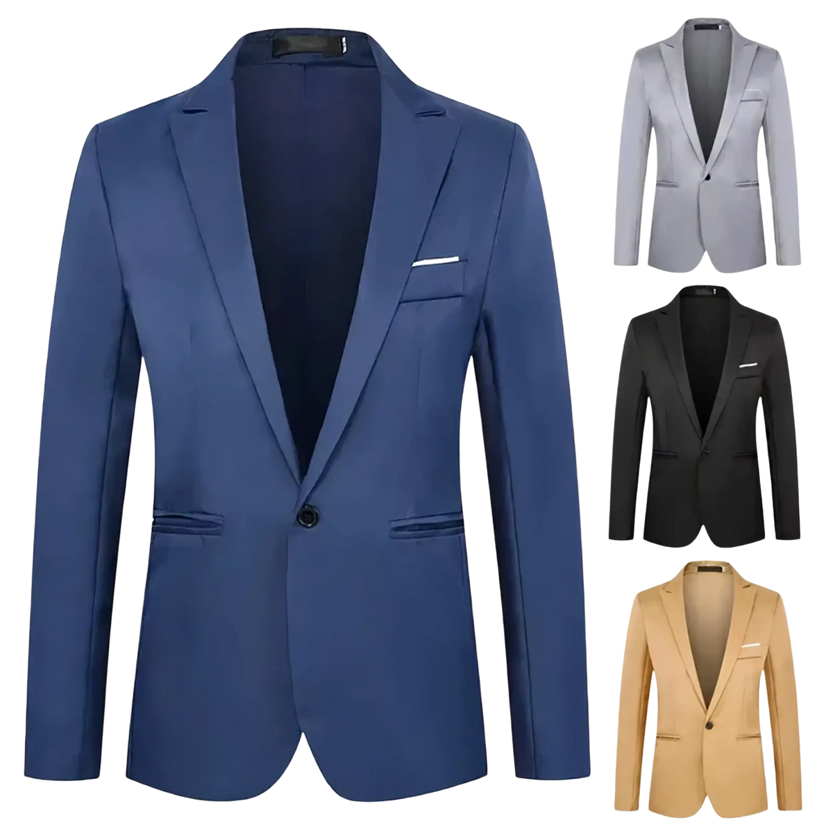 Men casual slim fit blazer jacket in navy blue with single button closure and matching fabric lining