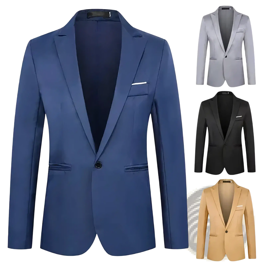 Men casual slim fit blazer jacket in navy blue with single button closure and matching fabric lining