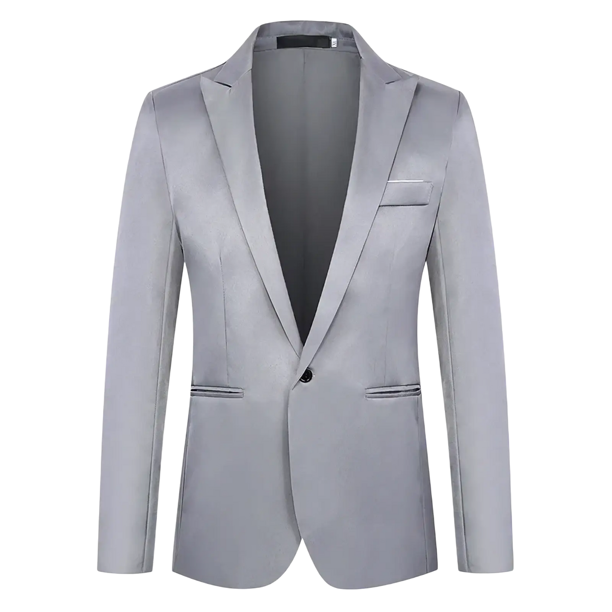 Men casual slim fit blazer jacket in light gray with a single black button and subtle contrast pocket stitching