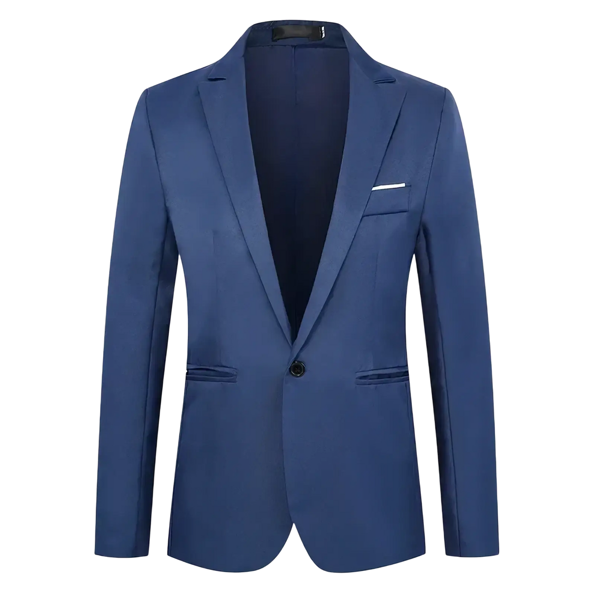 Men casual slim fit blazer jacket in sleek navy blue with single button closure and subtle stitching details