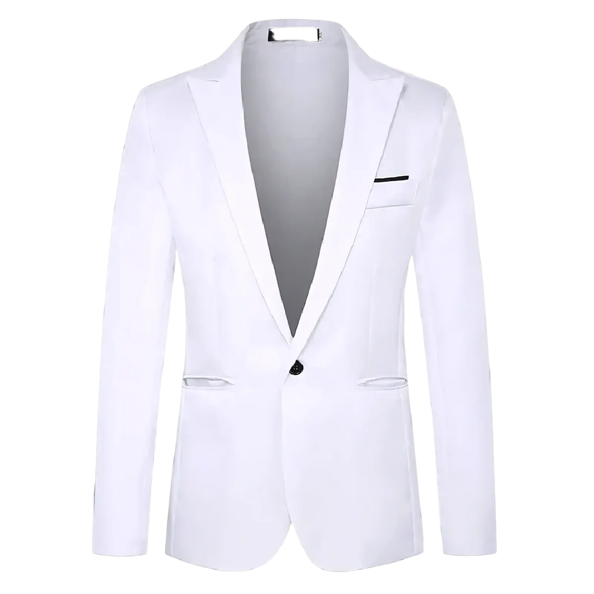 Men casual slim fit white blazer jacket with black button and trim details for a stylish formal look