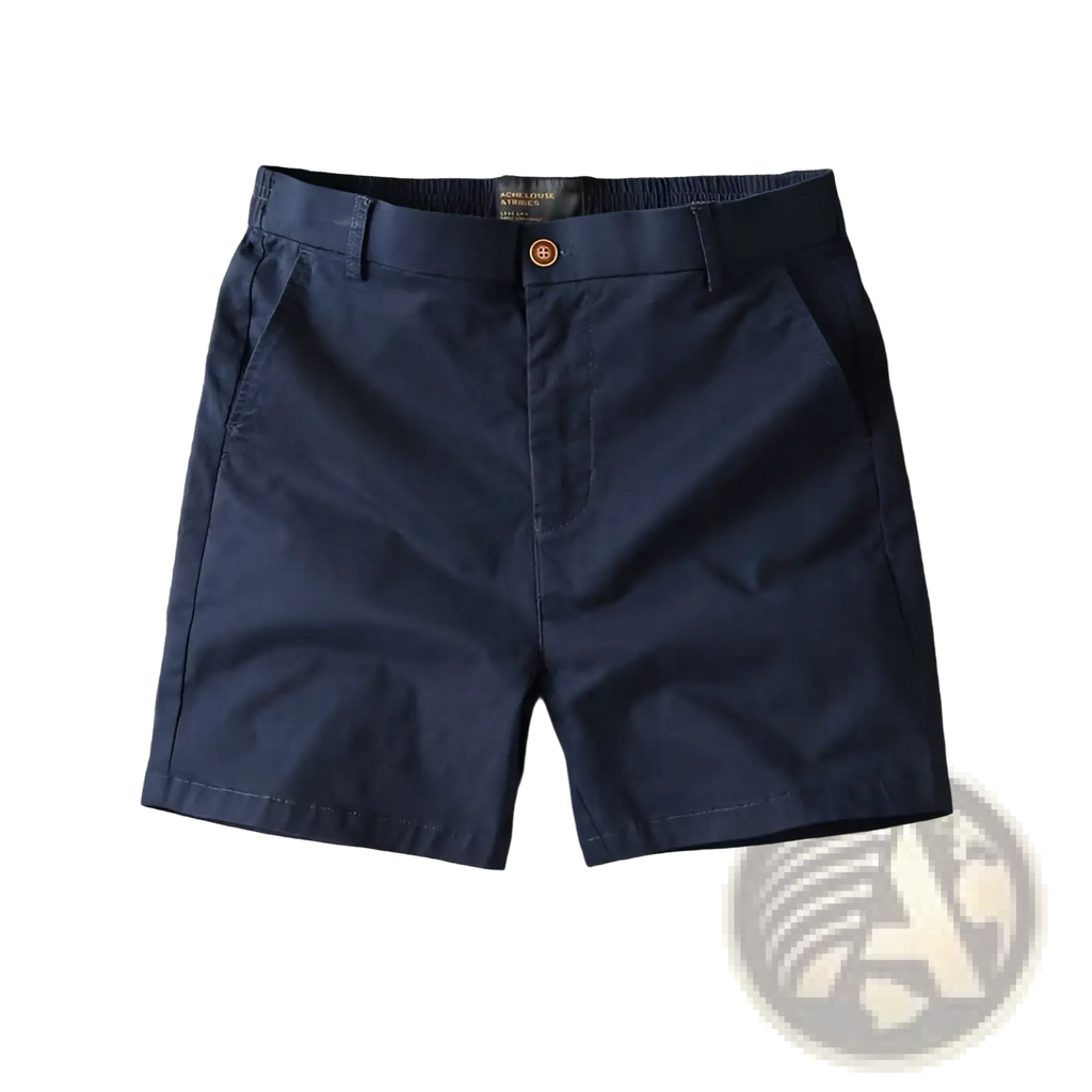 Men casual slim fit cargo shorts in dark navy chino with gold toned button and elastic waistband for comfort