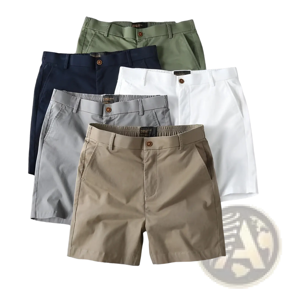 A collection of men casual slim fit cargo chino shorts in olive green navy blue white gray and beige colors