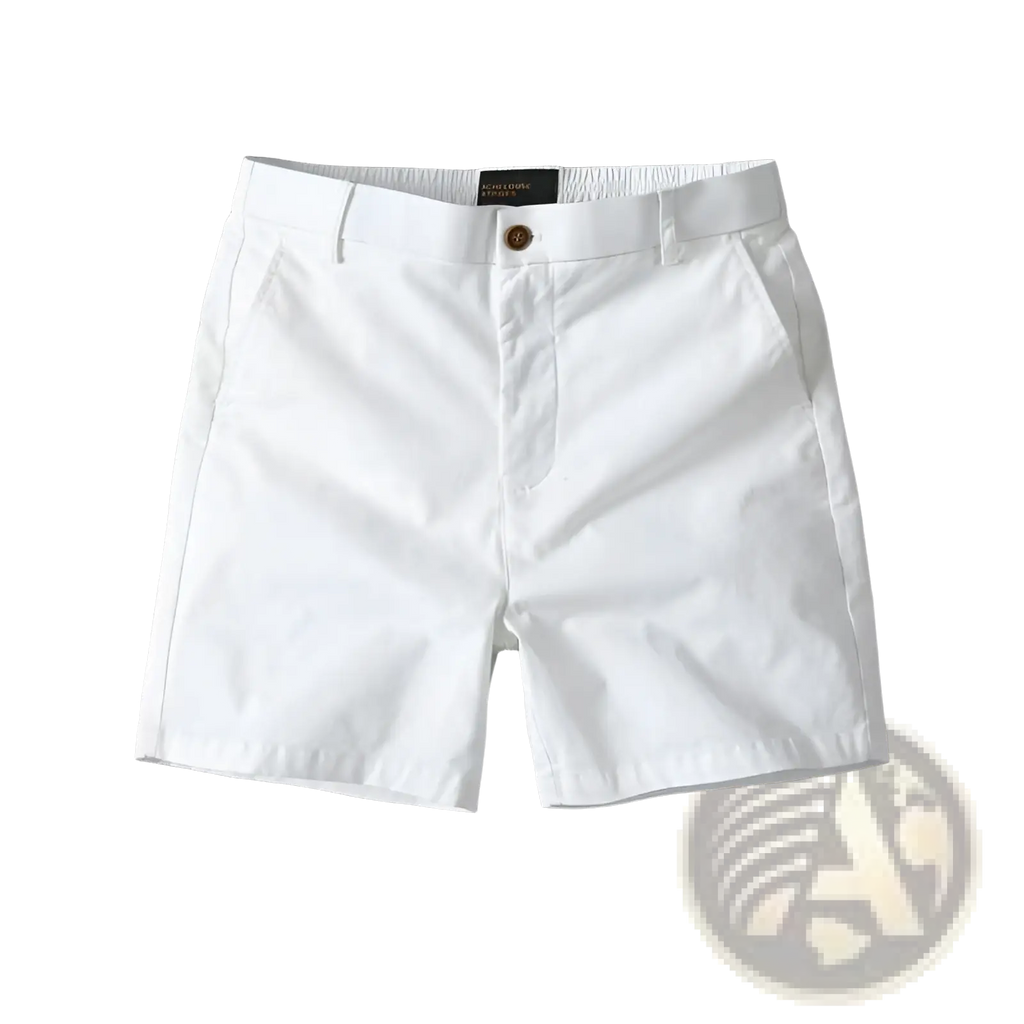 Men casual slim fit white chino cargo shorts with gold-tone button and elastic waistband for comfortable wear