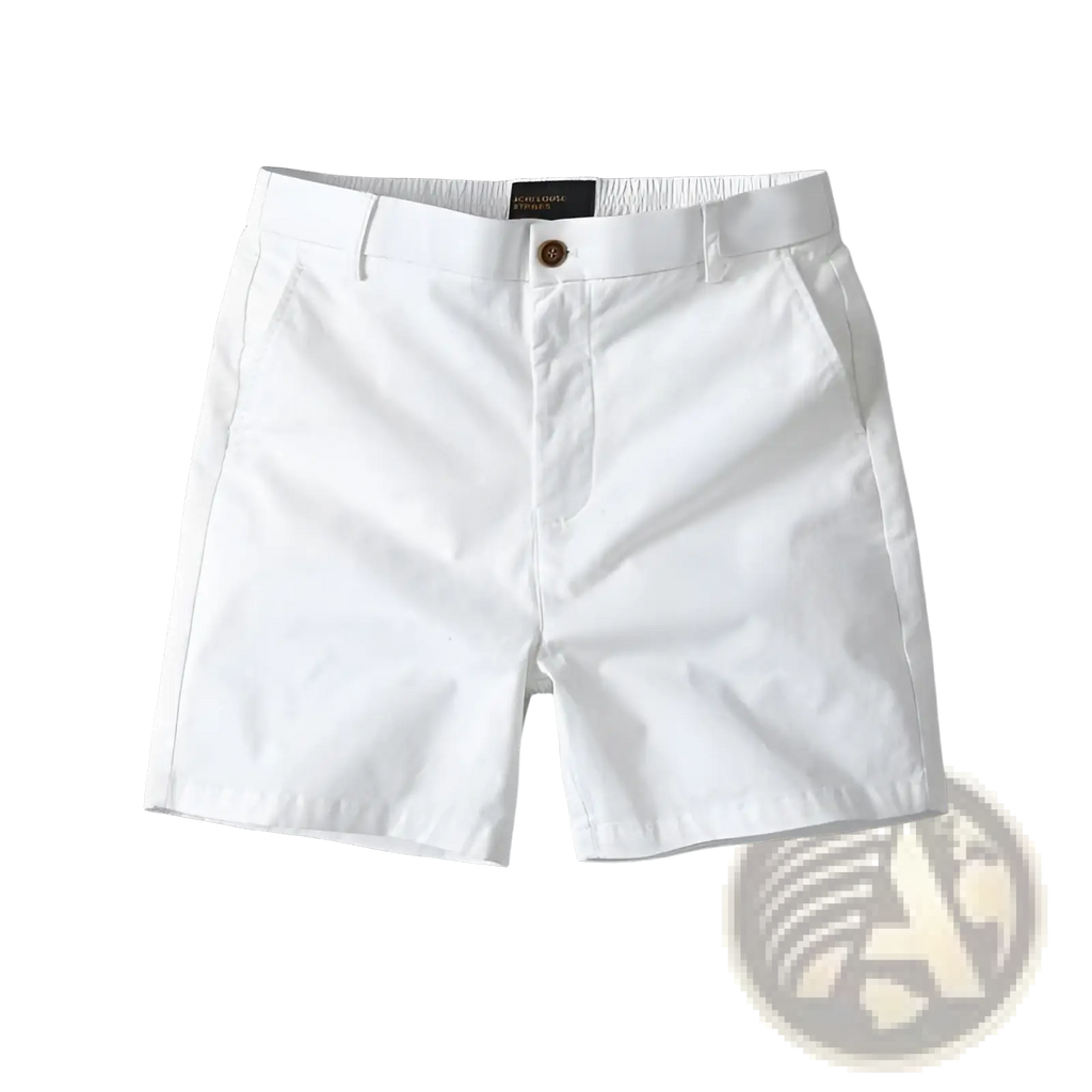 Men casual slim fit white cotton cargo shorts with brown button and elastic waistband for comfortable wear