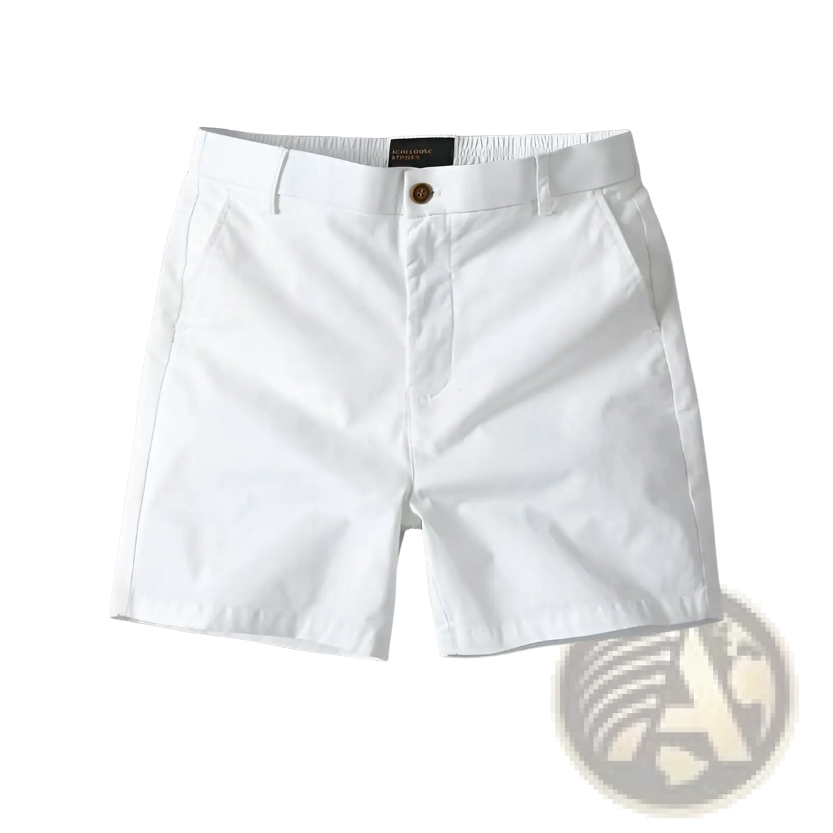Men casual slim fit white chino shorts with gold-tone button and elastic waistband for comfortable wear