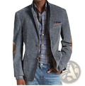 Men casual slim fit cotton blazer jacket in blue with herringbone pattern and brown elbow patches