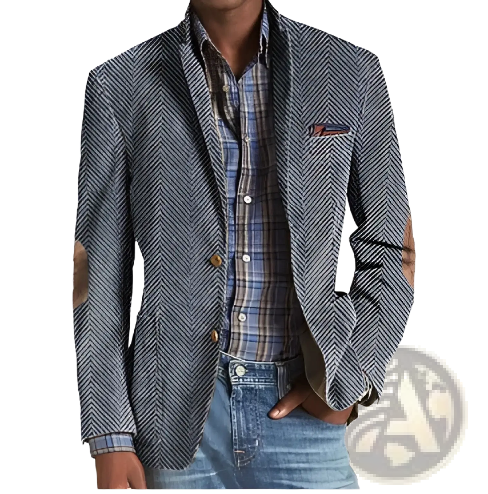 Men casual slim fit cotton blazer jacket in blue with herringbone pattern and brown elbow patches