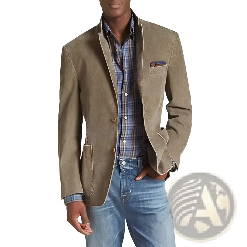 Tan corduroy blazer jacket for men featuring a classic fit and button closure in casual slim fit cotton design
