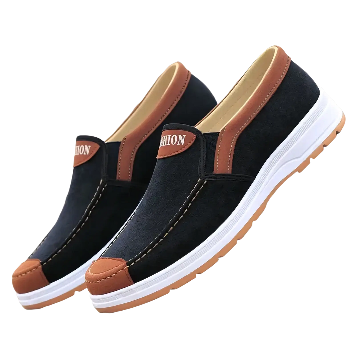 Black canvas slip-on casual sneakers for men with brown leather accents and lightweight white soles
