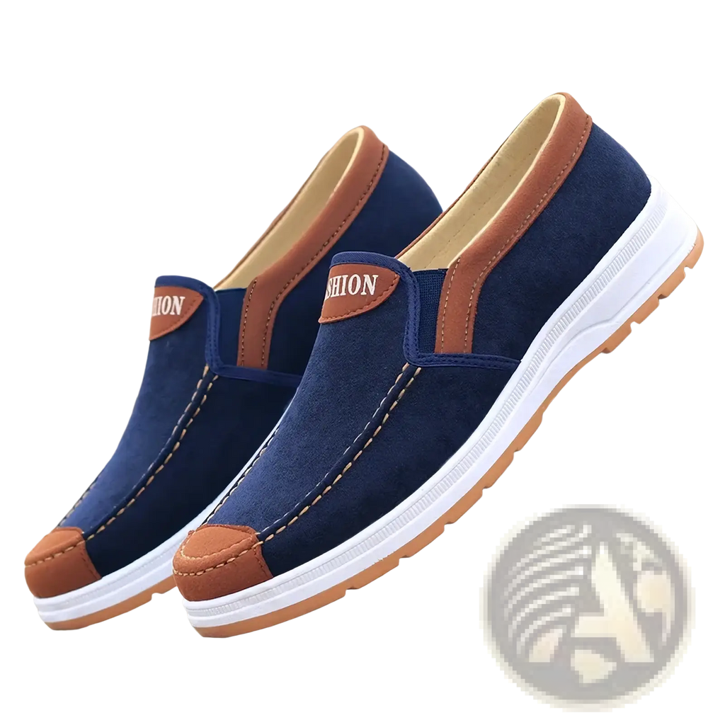 Men casual slip on canvas sneakers in navy blue with brown leather accents and white rubber soles for lightweight comfort
