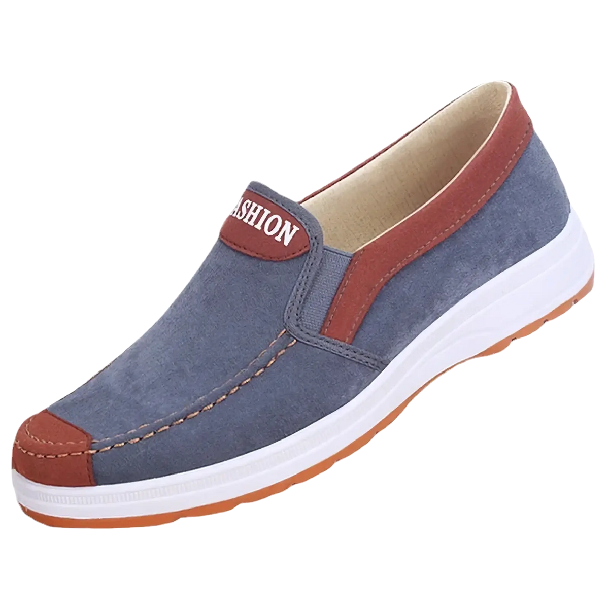 Men casual slip-on canvas sneakers in blue suede with brown accents and a white rubber sole, lightweight design