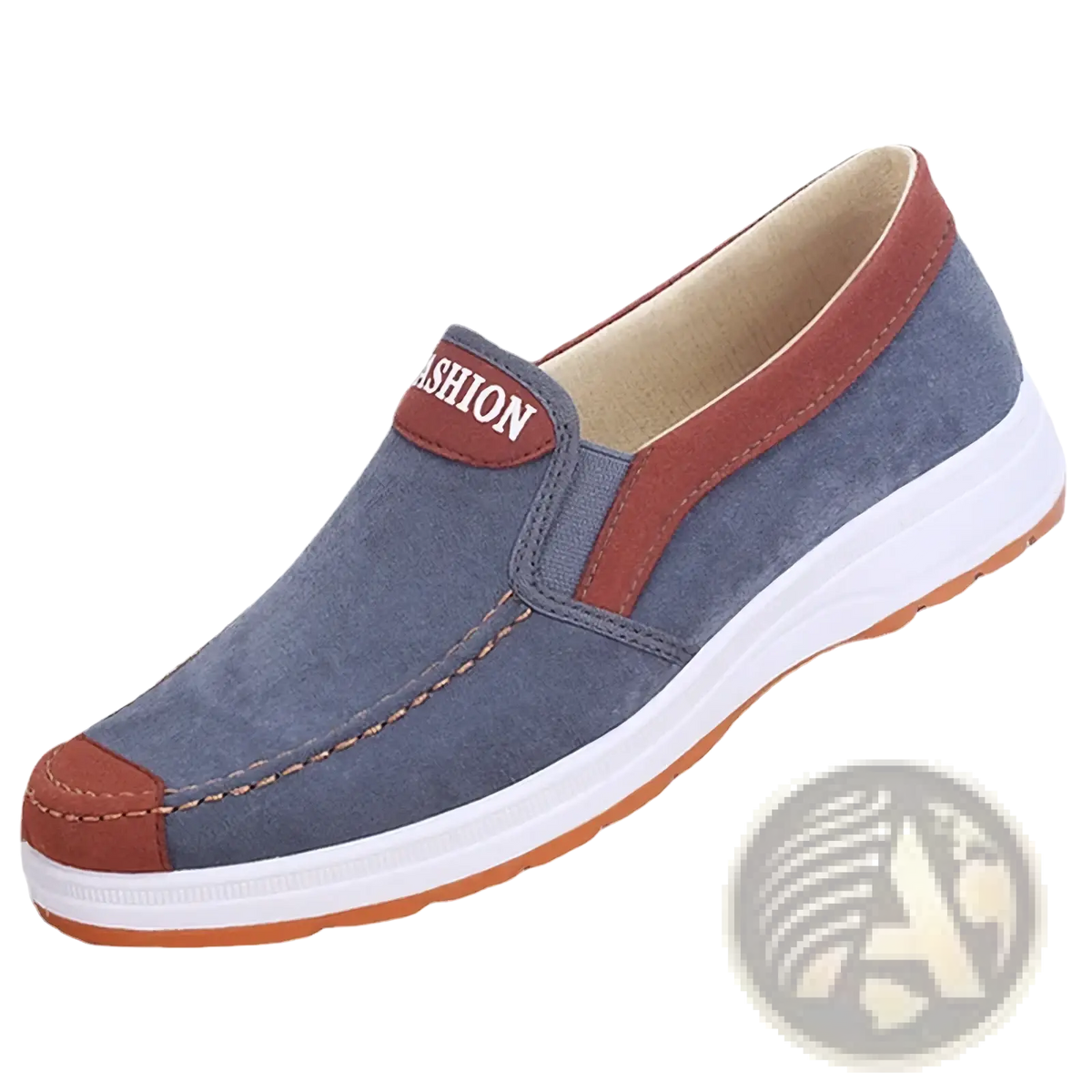 Men casual slip-on canvas sneakers in blue suede with brown accents and a white rubber sole, lightweight design