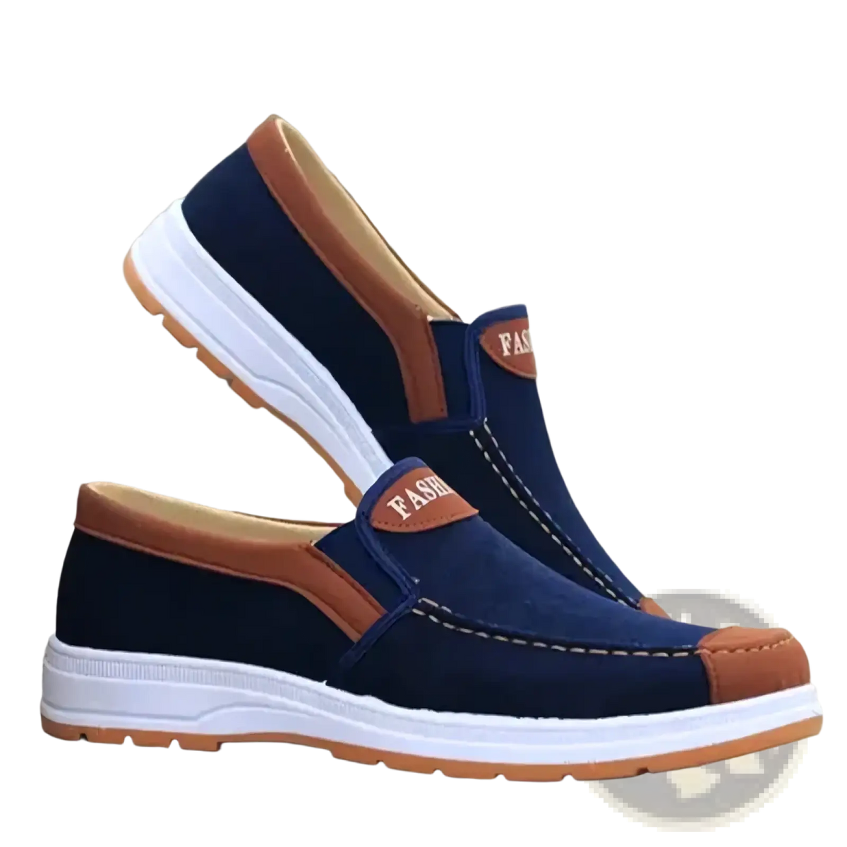 Men casual slip on canvas sneakers in navy blue with tan leather accents and white rubber soles for lightweight comfort