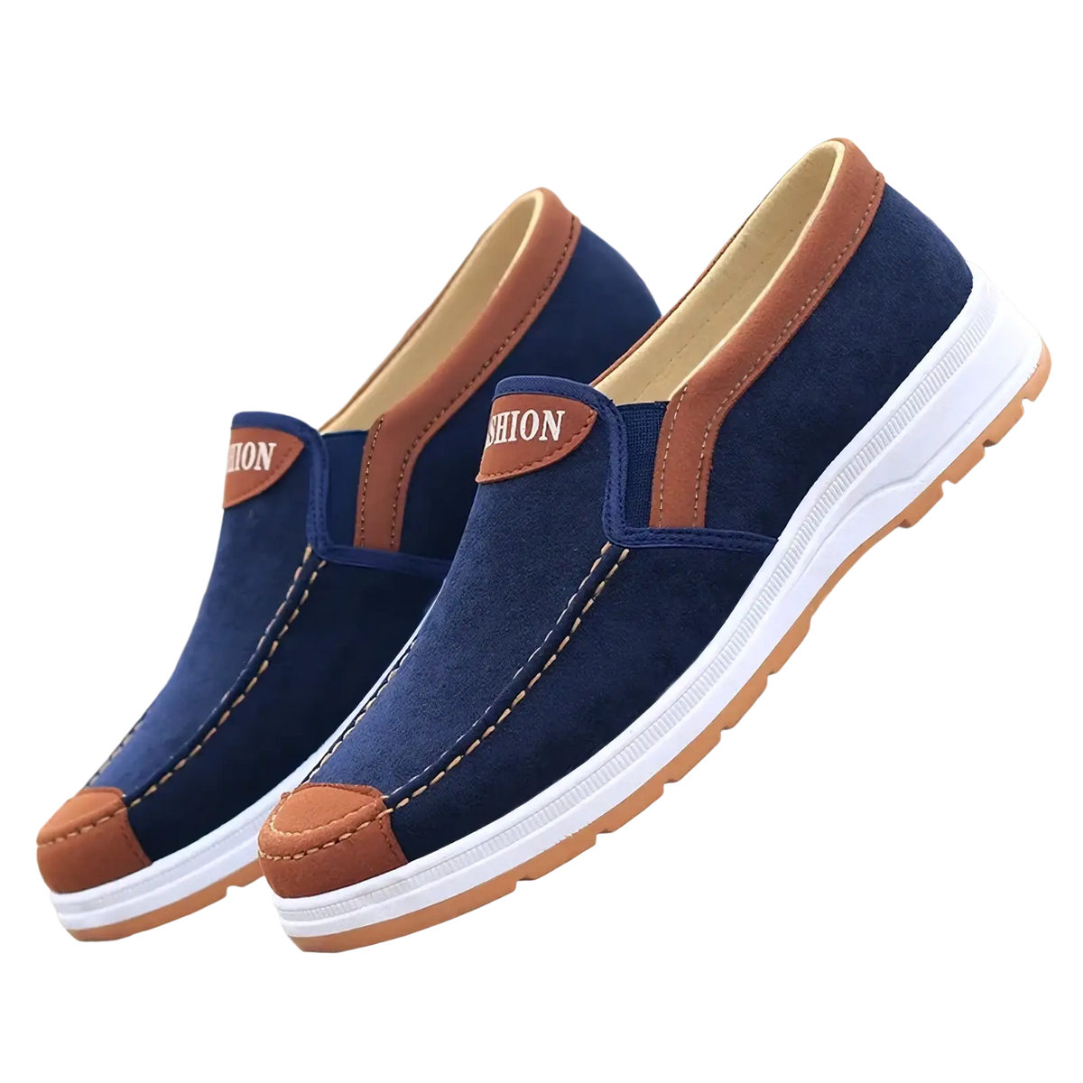 Men casual slip on canvas sneakers in navy blue with brown leather accents and white rubber soles for lightweight comfort