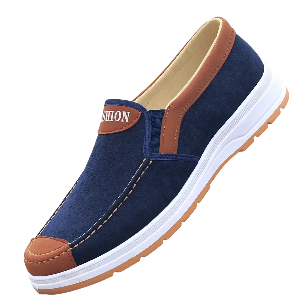 Navy blue canvas slip on sneaker with brown leather accents and white rubber sole lightweight casual shoe for men