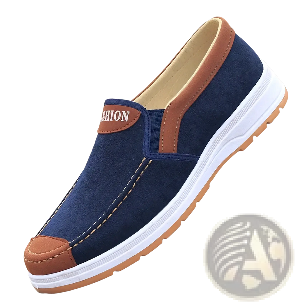 Navy blue canvas slip on sneaker with brown leather accents and white rubber sole lightweight casual shoe for men