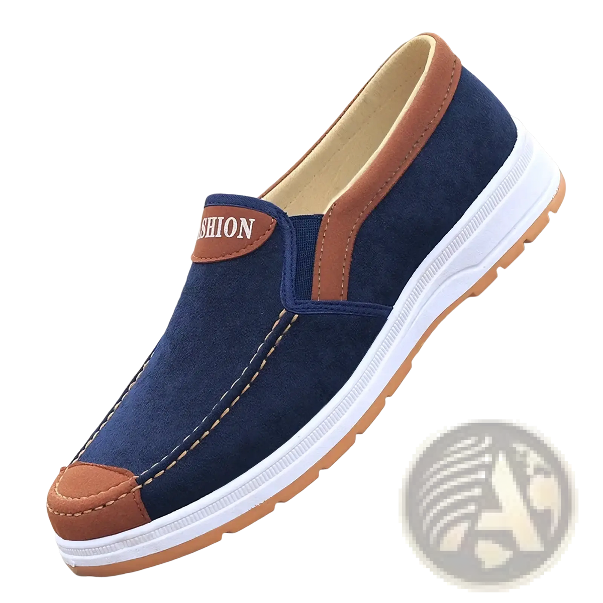Navy blue canvas slip on sneaker with brown leather accents and white rubber sole lightweight casual shoe for men