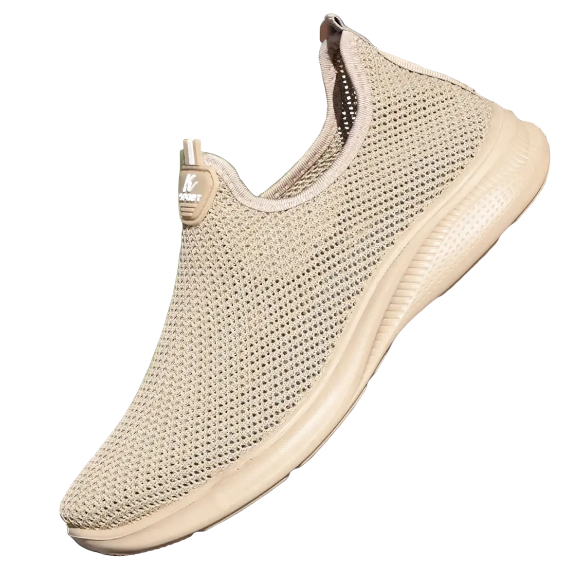 Beige breathable mesh slip-on sneaker for men with cushioned sole and subtle branding on the tongue