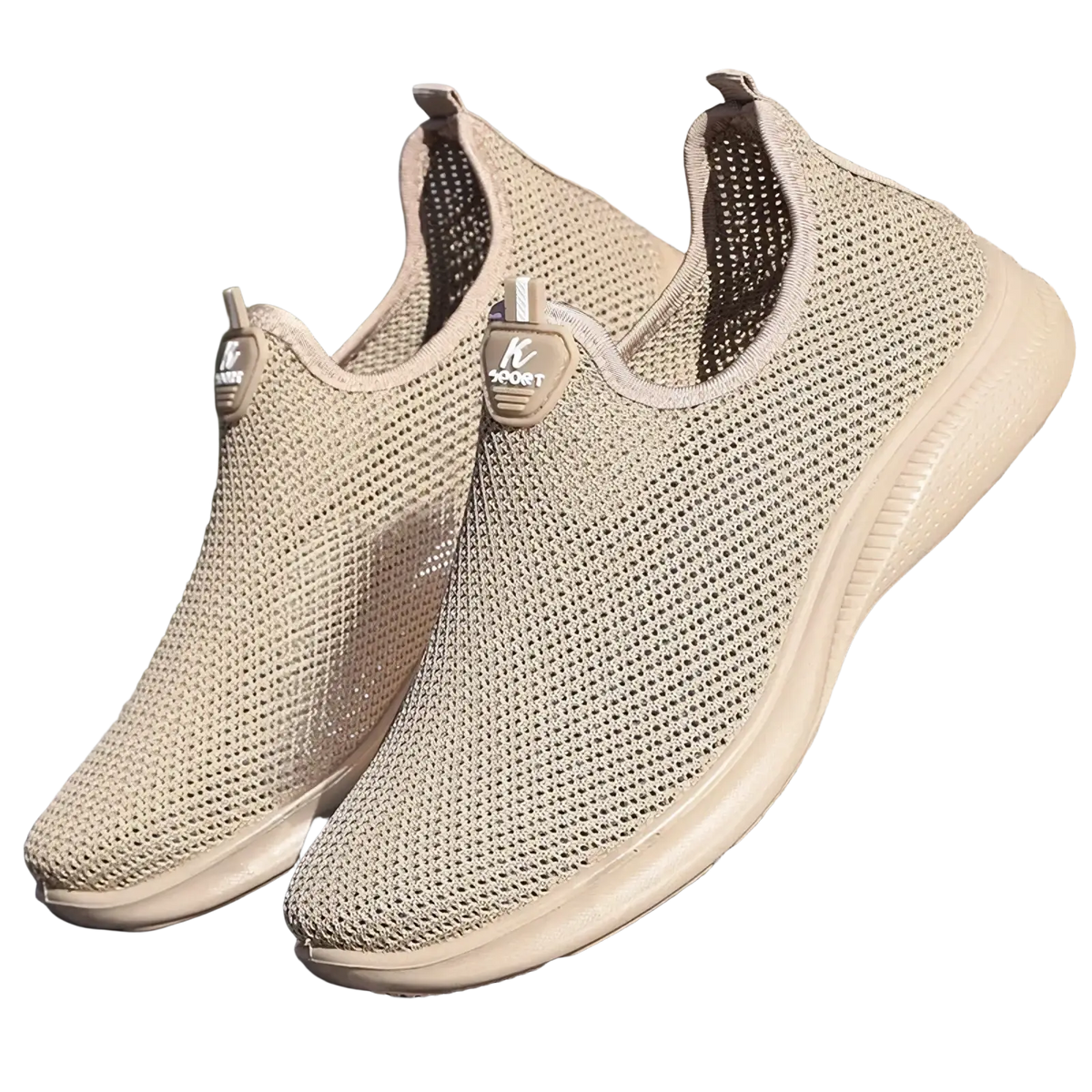 Beige breathable mesh slip on men’s casual sneakers shown from the back with a soft rubber sole and subtle heel branding