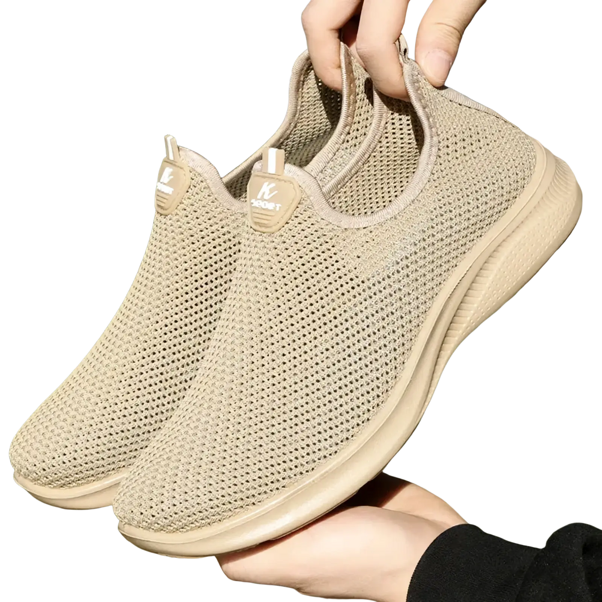 Men casual slip on sneakers in beige breathable mesh with soft rubber sole and subtle branding on the tongue