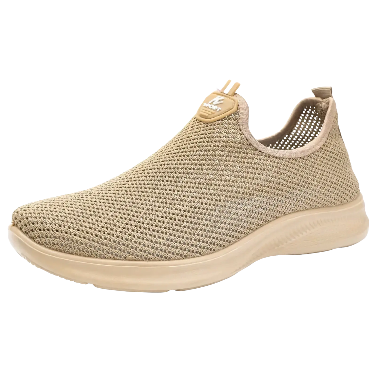 Beige breathable mesh men casual slip-on sneaker with soft rubber sole and small logo tag on the heel back side