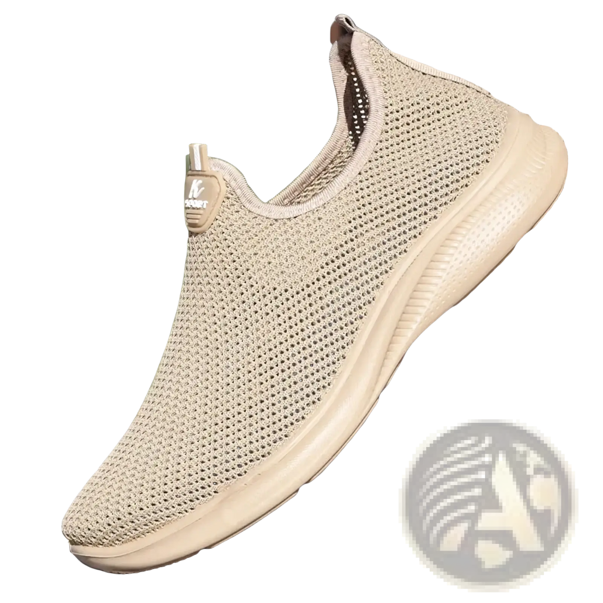 Beige breathable mesh slip-on sneaker for men with cushioned sole and subtle branding on the tongue