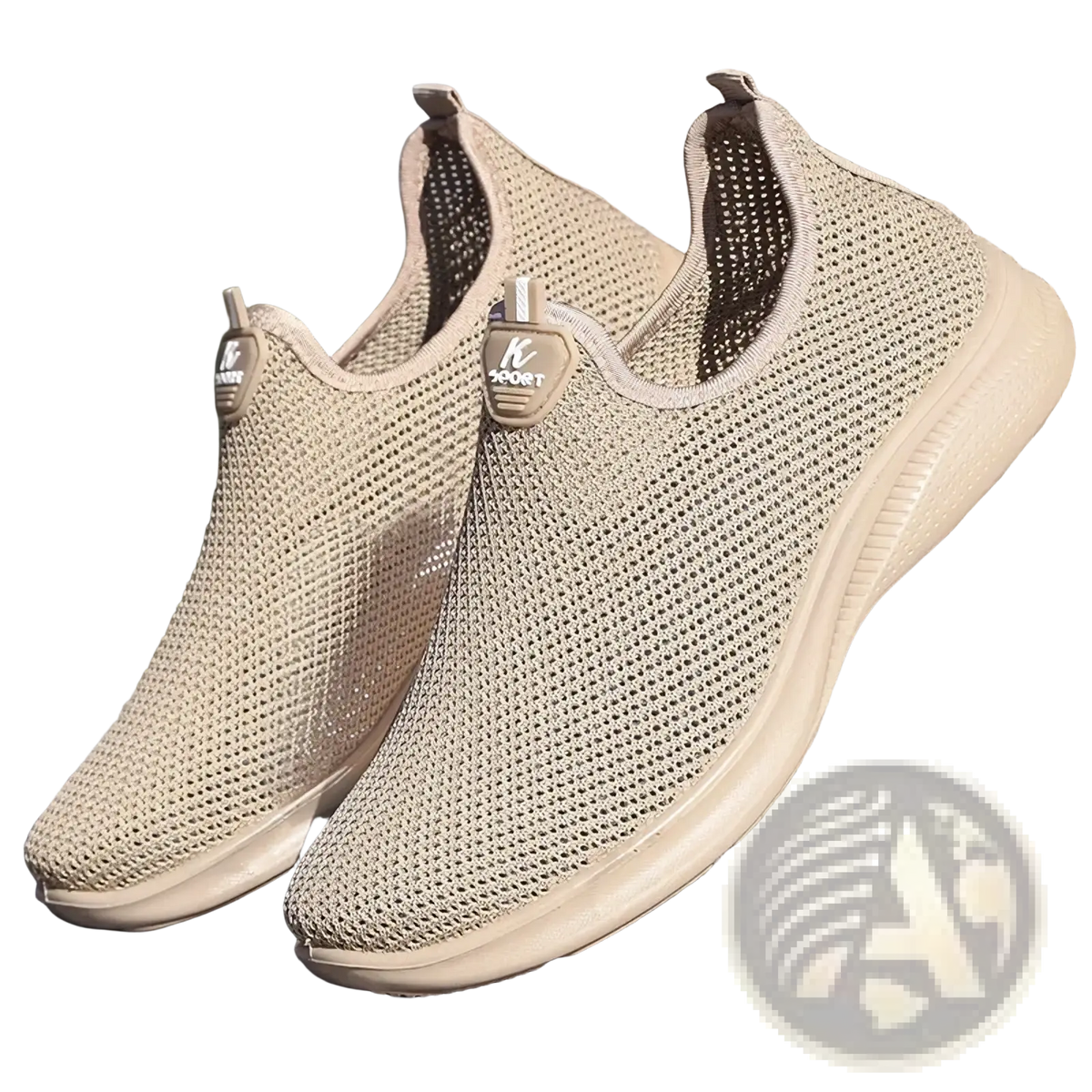 Beige breathable mesh slip on men’s casual sneakers shown from the back with a soft rubber sole and subtle heel branding