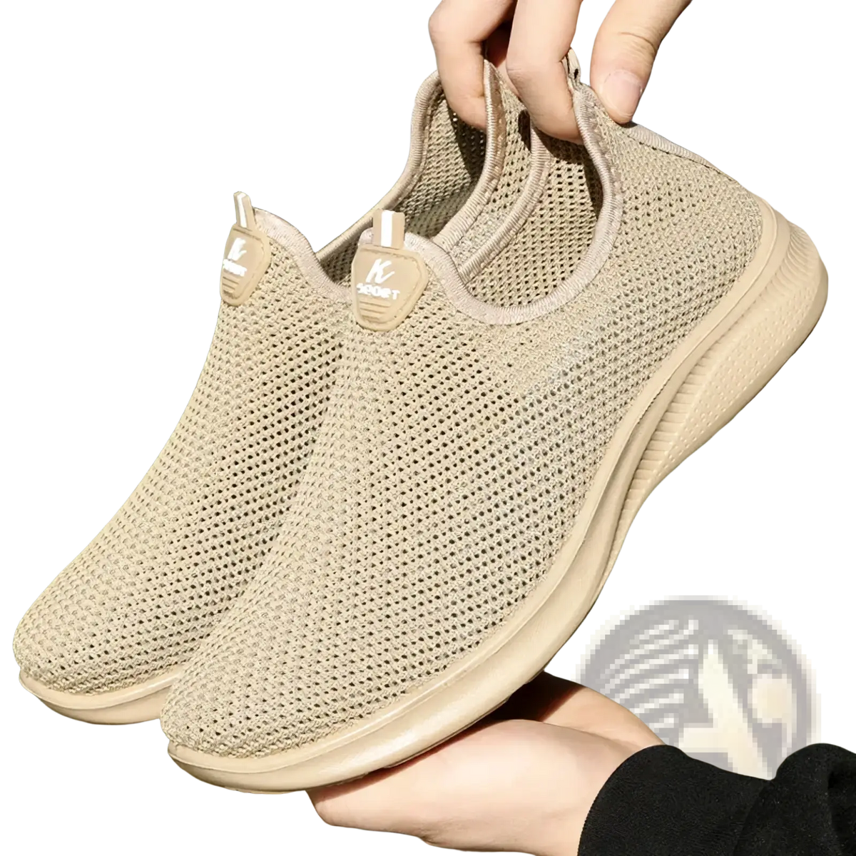 Men casual slip on sneakers in beige breathable mesh with soft rubber sole and subtle branding on the tongue