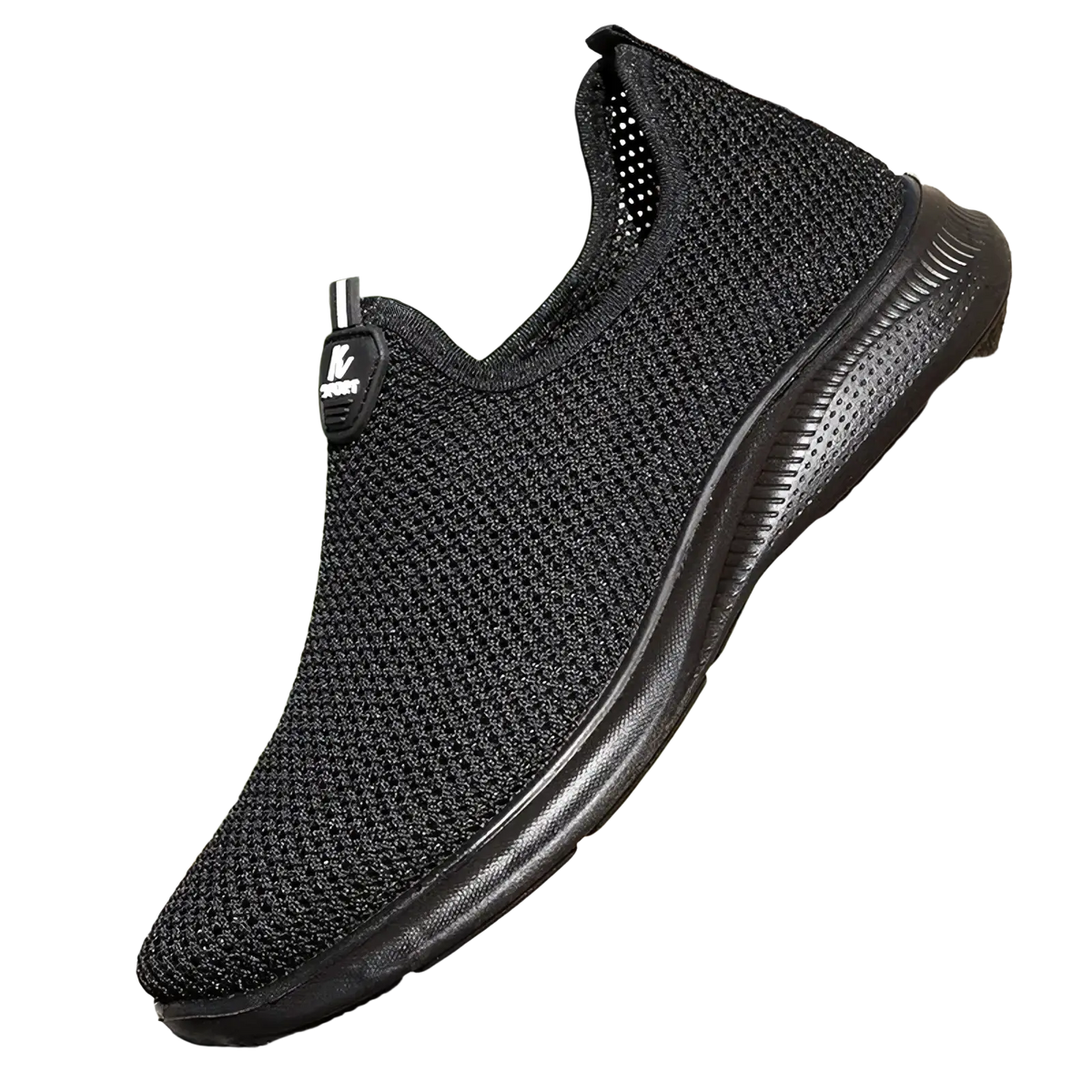 Black breathable mesh men casual slip-on sneaker with sleek textured upper and sturdy rubber sole