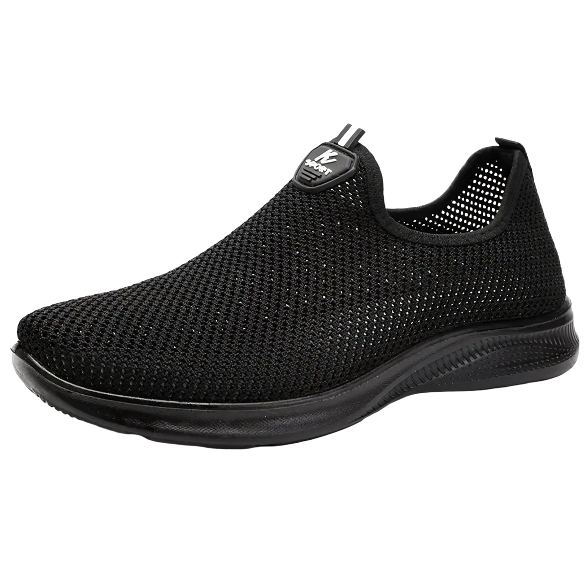 Black mesh men casual slip-on sneaker with breathable design and subtle branding on the tongue