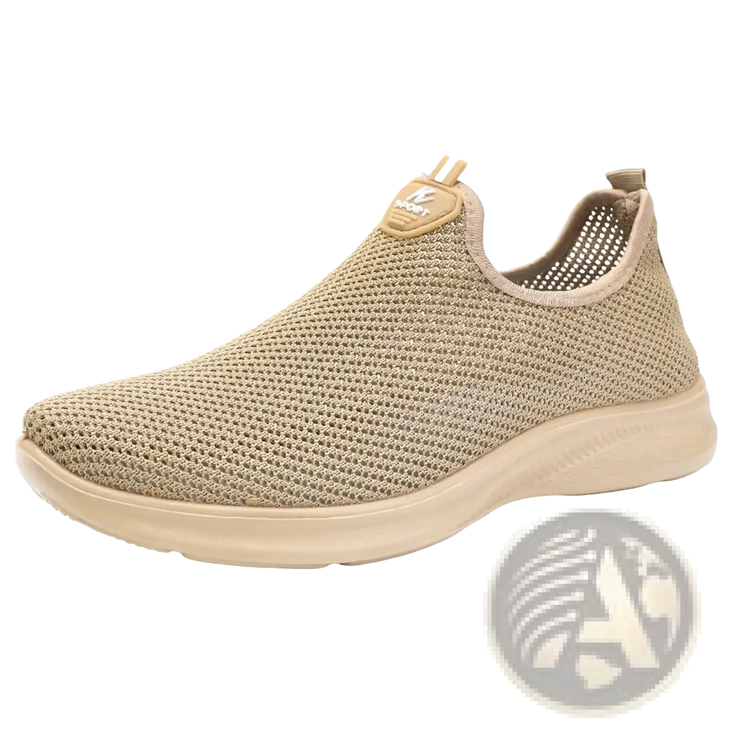 Beige breathable mesh men casual slip-on sneaker with soft rubber sole and small logo tag on the heel back side