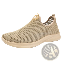 Beige breathable mesh men casual slip-on sneaker with soft rubber sole and small logo tag on the heel back side
