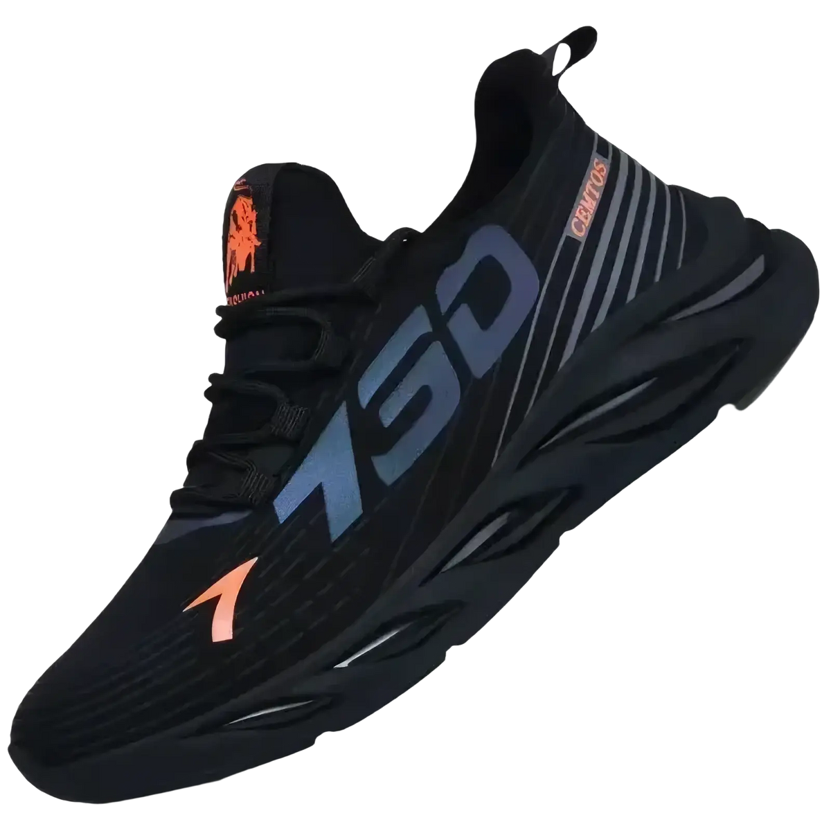 Men casual slip on sneaker with breathable black mesh upper, bold blue and orange accents, and chunky rubber sole for running