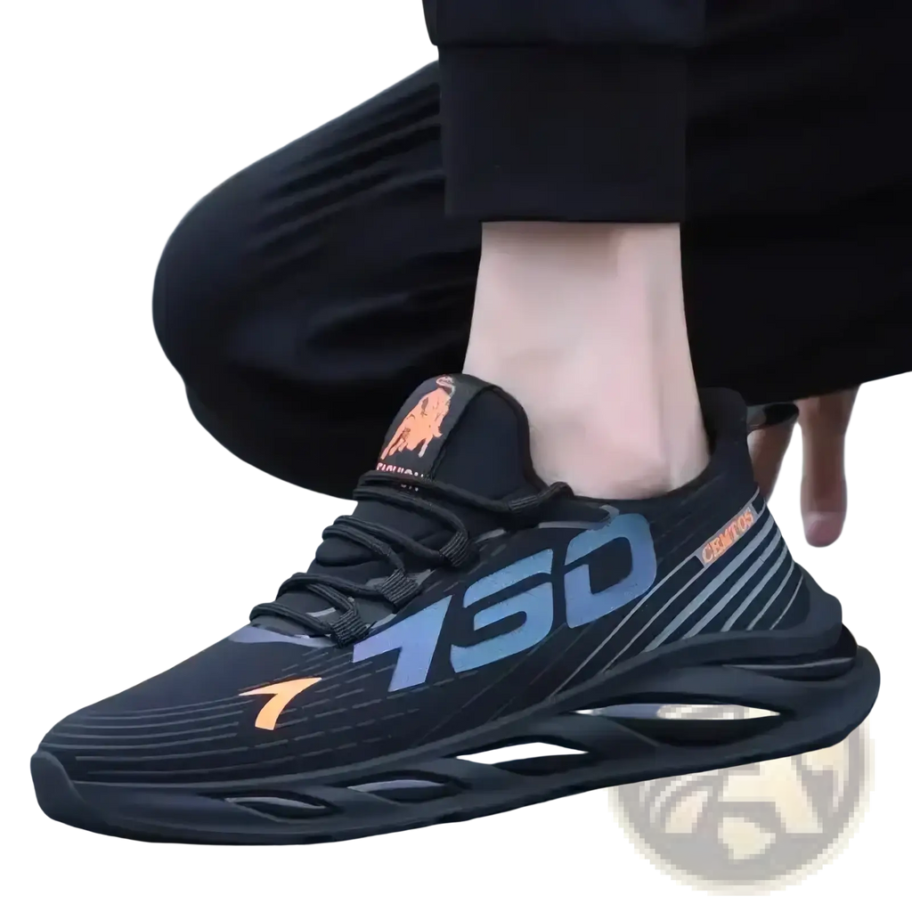Men casual slip on sneaker with breathable textured black upper bold blue 750 branding and orange accents for running