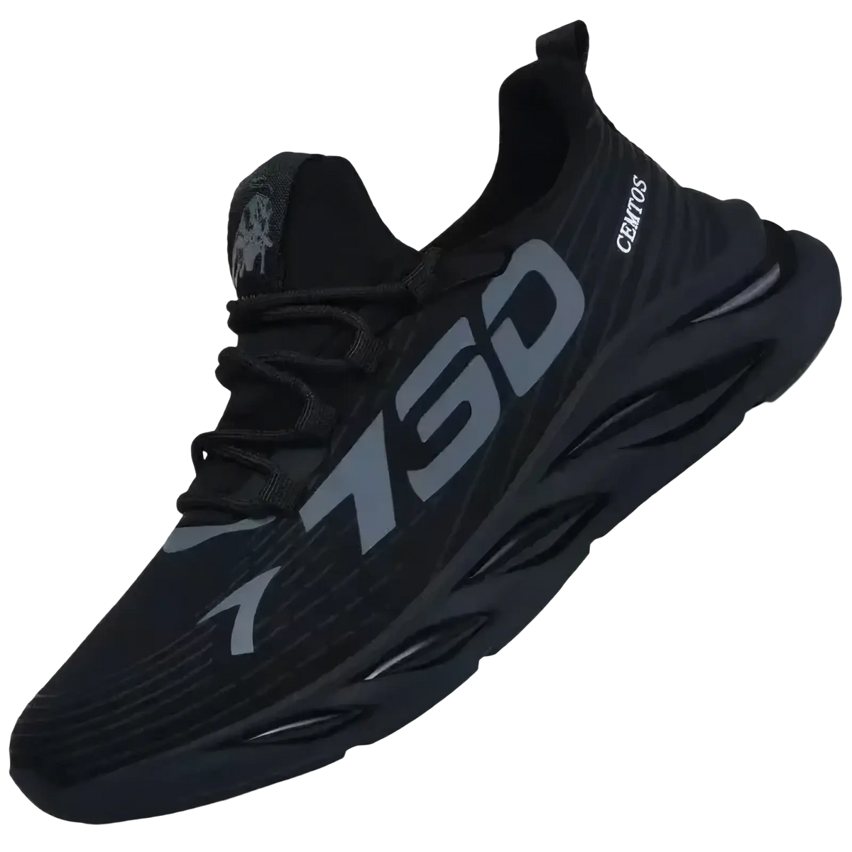 Men casual slip on sneakers breathable running shoes in black with gray 750 branding and textured mesh upper