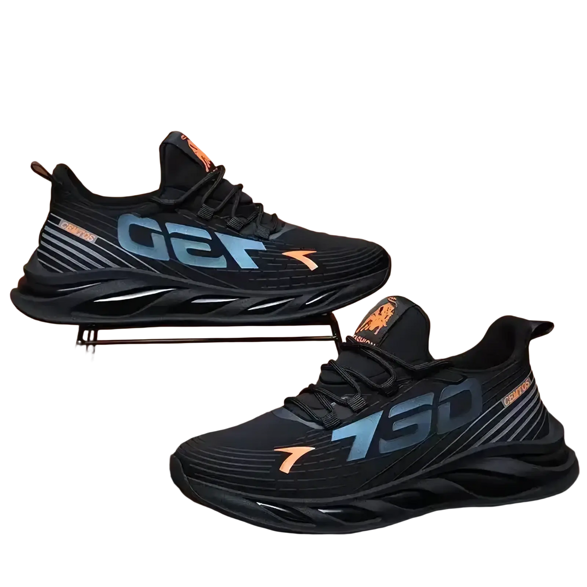 Men casual slip on sneakers with breathable mesh upper black with bold 730 gradient blue orange branding and rubber sole